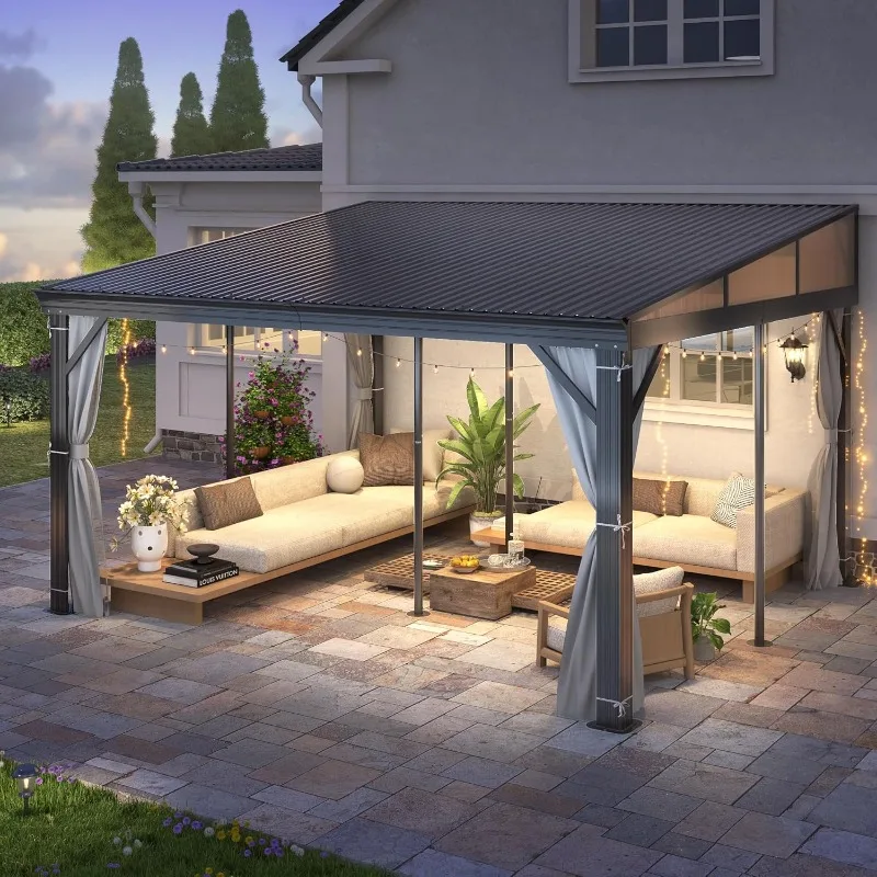 شرفة مرتفعة مقاس 12 × 14 قدمًا، إطار من الألومنيوم مع سقف معدني مائل، مثبت على الحائط #1