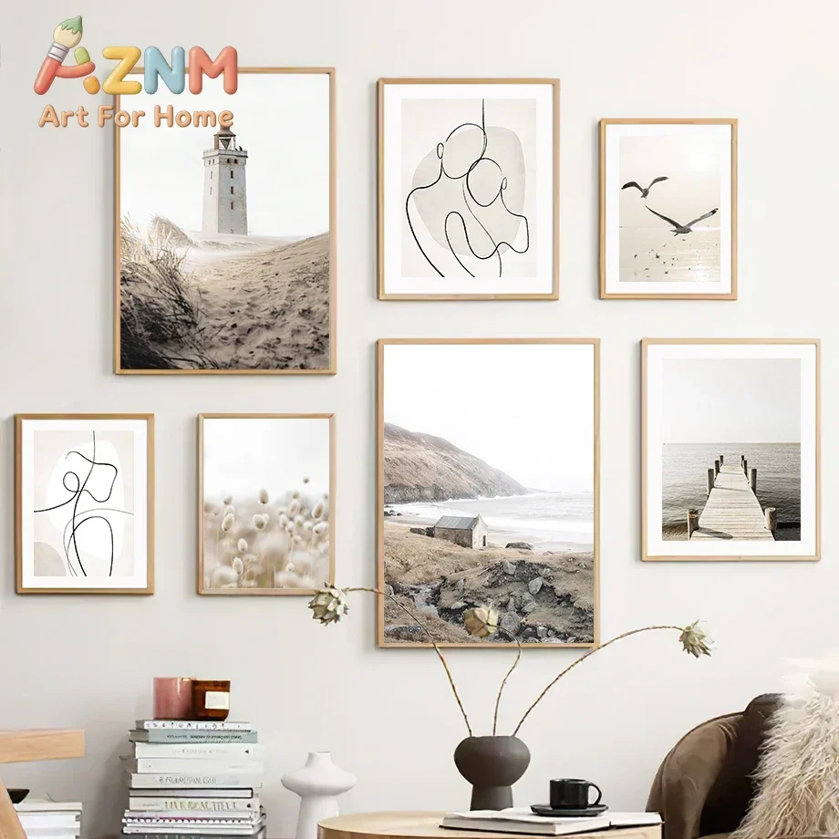 AZNM Neutral Boho Canvas Wall Art Beach Pampas Grass Dandelion Line Art Figure Seagull Inspirational Quote Bedroom Decor Unframe