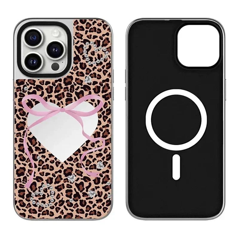 

Leopard Brown Black Silver Border iPhone 12 13 14 15 16 Pro Max Mirror Surface MagSafe Case Cover Shell