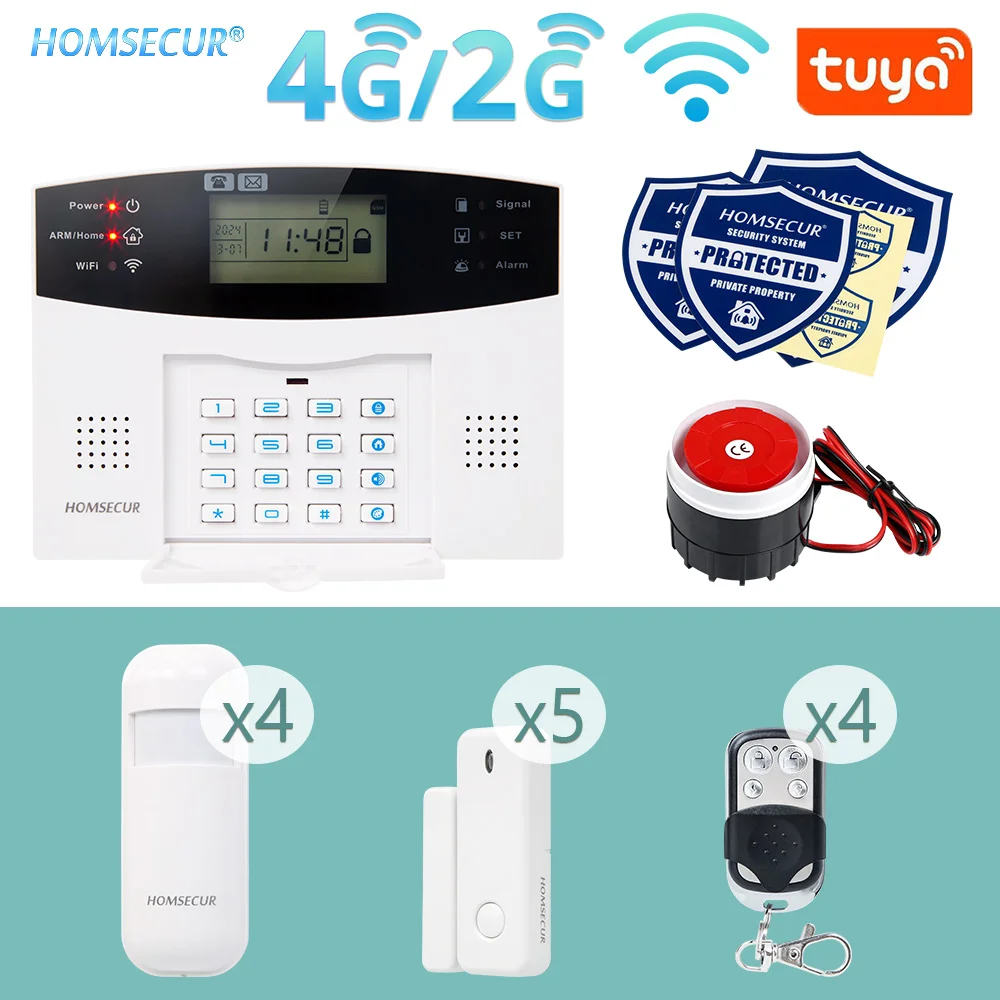 

HOMSECUR Wireless &Wired 433MHz WIFI Tuya Smart 4G 2G SMS Autodial Burglar Intruder Alarm Home Security System 4 PIR Sensors