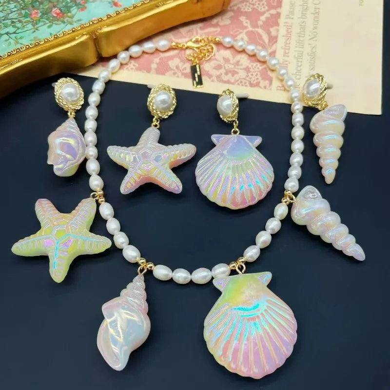 Pendientes de caracol de mar de concha grande para niños, Perla de agua dulce, Piercing para la oreja, Princesa, estrella de mar, joyería deslumbrante