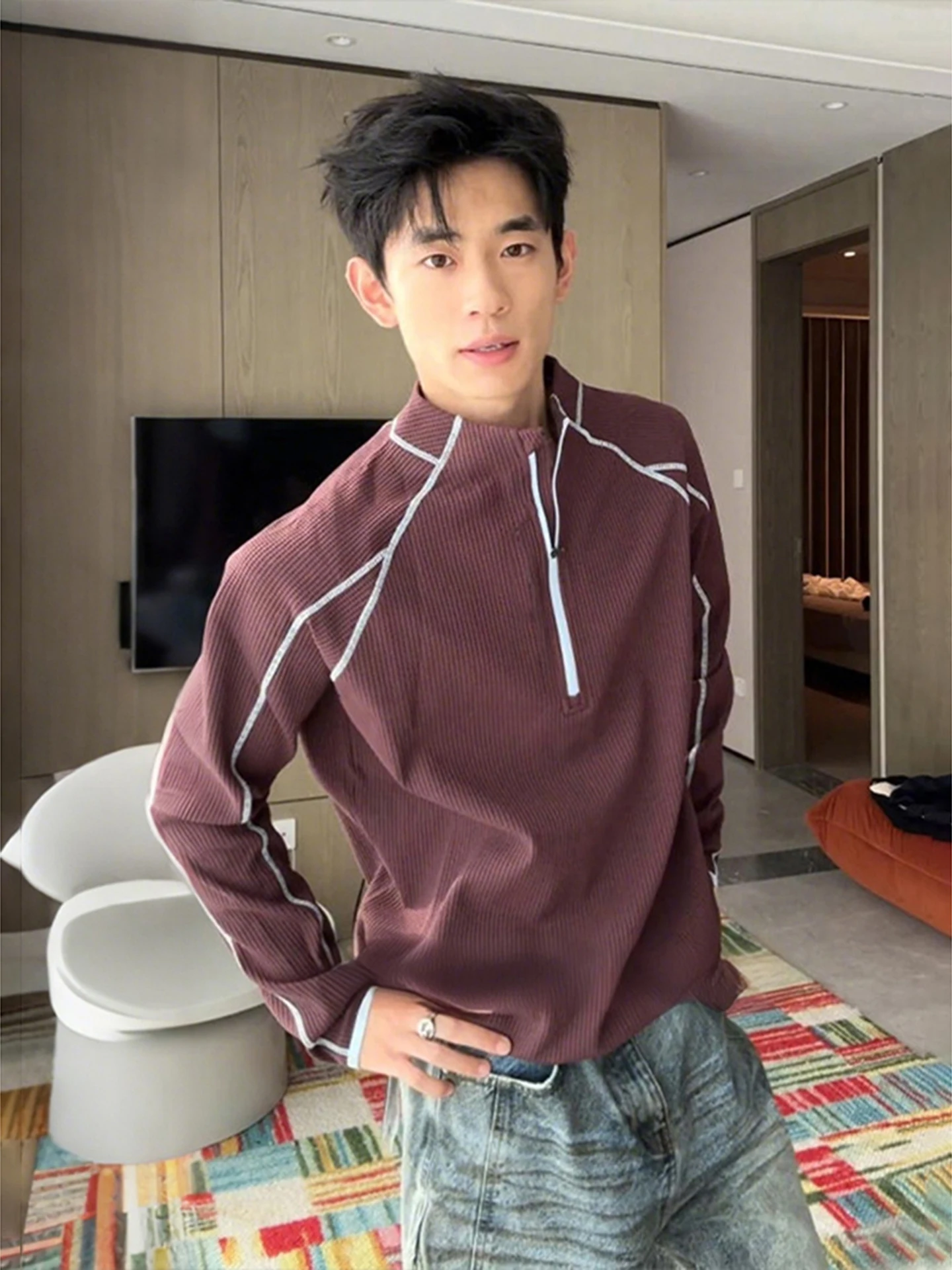 

Фиолетово-красная спортивная футболка с длинным рукавом на молнии для мужчин, для активного отдыха, альпинизма и велоспорта, свободного кроя, из полиэфирного волокна, осенняя мода