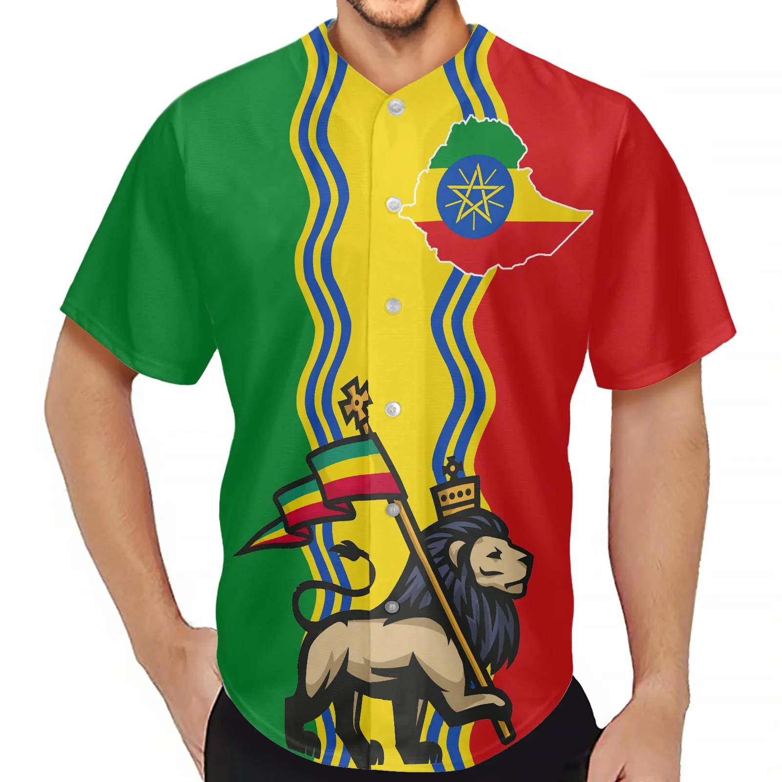 Hip Hop Leisure Sweatshirt African Ethiopia Logo Printing Shirt Summer Large Size Round Neck Single Breasted Baseball Uniform