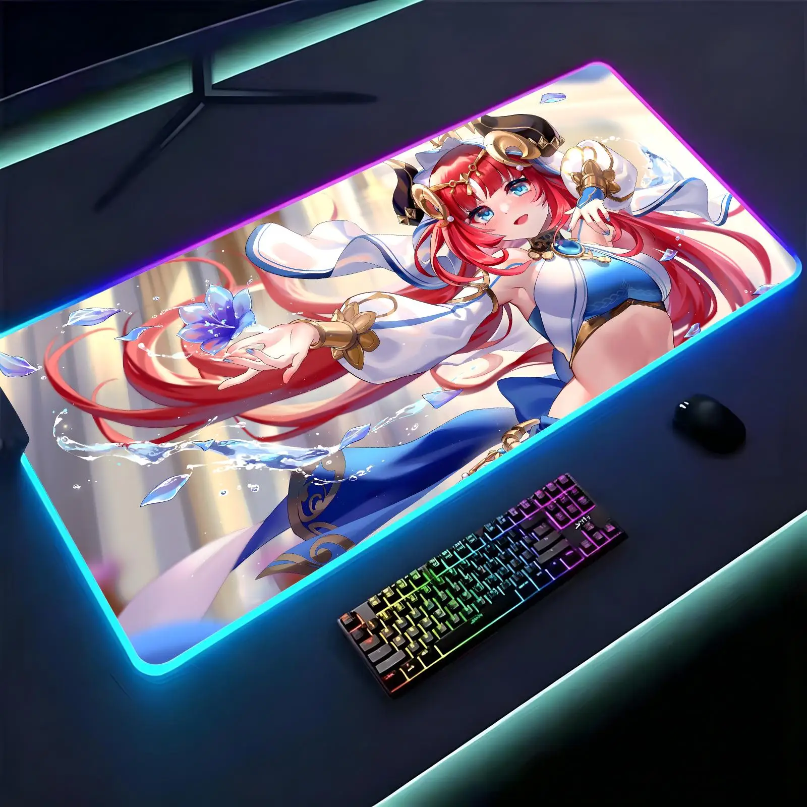 Large RGB backlit esports gaming mouse pad, Genshin Impact Nilou smooth soft cloth surface, LED luminous extended desk mat