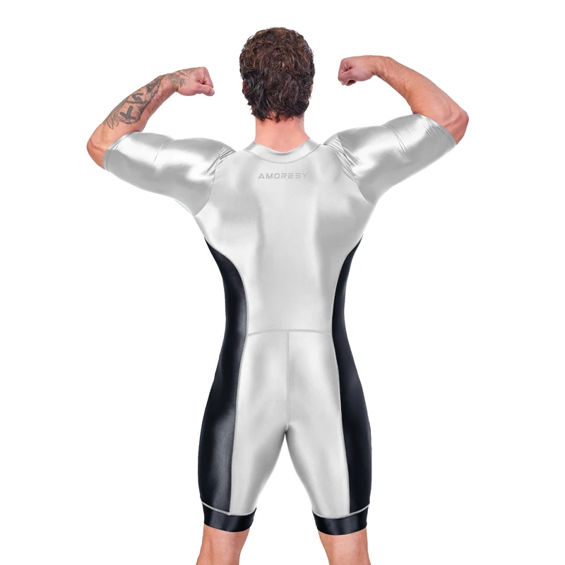 satin Glossy Men\'s Sexy Long sleeved Colored Body Suit Yoga Sports Fitness wear Multi functional Tights Cycling jumpsuit