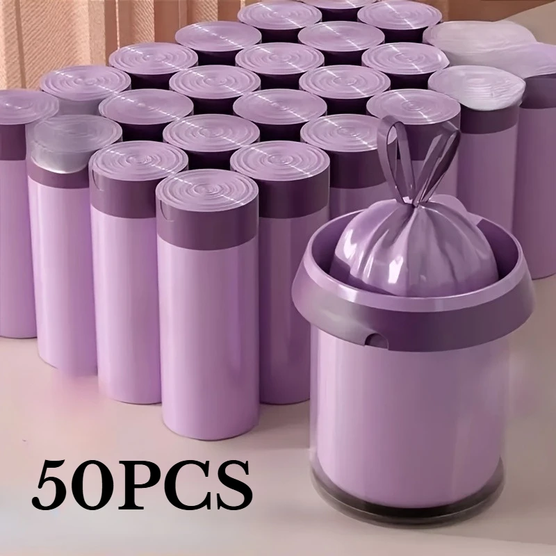 50 Bolsas de Basura con Cordón, Color Morado, Resistentes, a Prueba de Fugas, Desechables, de Plástico, Portátiles, Multiusos para Cocina
