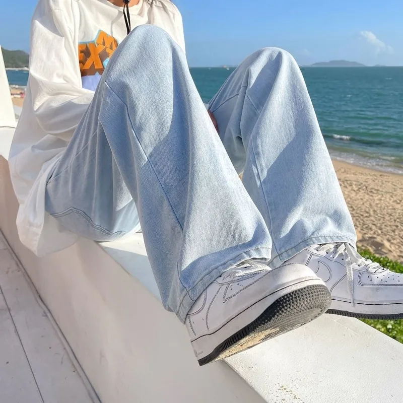 

Новые весенне-осенние свободные прямые тонкие повседневные брюки для мужчин, широкие джинсы, универсальные, приталенные, со средней посадкой, на шнурке