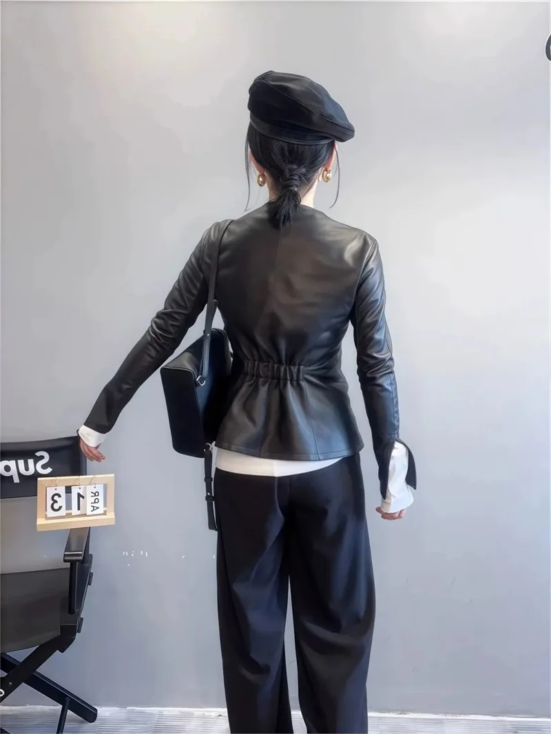 Leather Jacket High-quality Leather Coat Women's Spring Women's Jackets Buckle Waist Slim Joker Leather Jacket New Outerwear