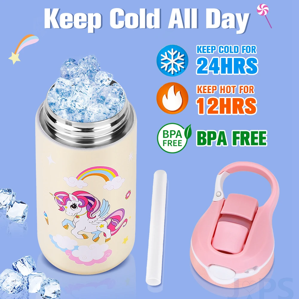 400ML Kids Water Bottle Cartoon Animal Children\'s Cup With Straw Stainless Steel Vacuum Flacks Thermos Bottle Thermal Mug Cups