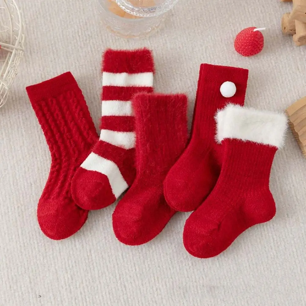 

5Paits Cotton New Year Red Socks Thicken Warm Stripe Baby Plush Red Socks Infant Hosiery Floor Socks Toddle Tube Socks