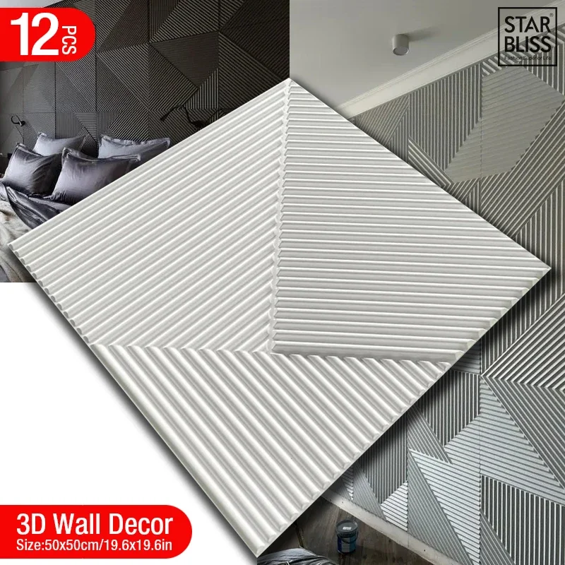 

12pcs 50cm 3D wall decor Wood grain slatted wall panel 3D groove texture panel tile living room wall sticker waterproof bathroom