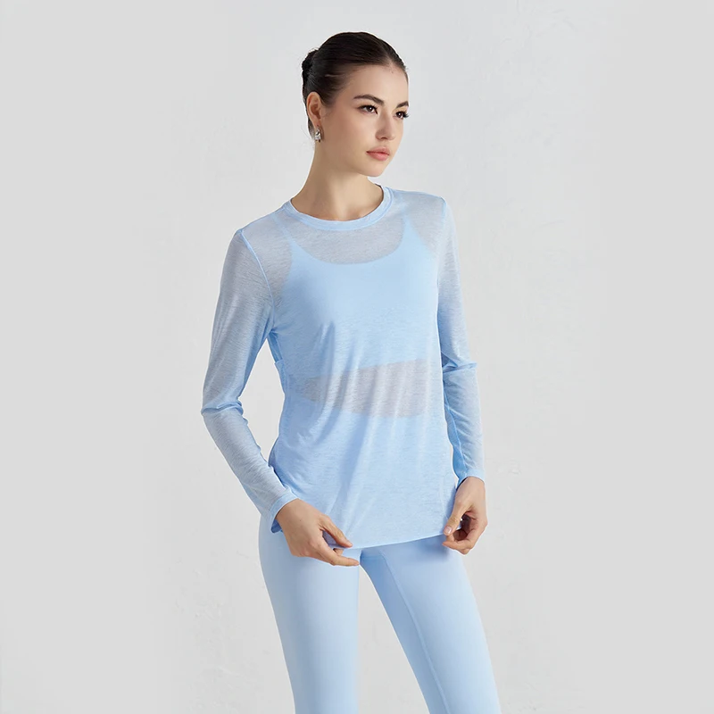 

Тонкий свободный и дышащий спортивный костюм с длинными рукавами, красивой спиной и перекрещенным краем, одежда для йоги, летний топ для фитнеса с круглым вырезом