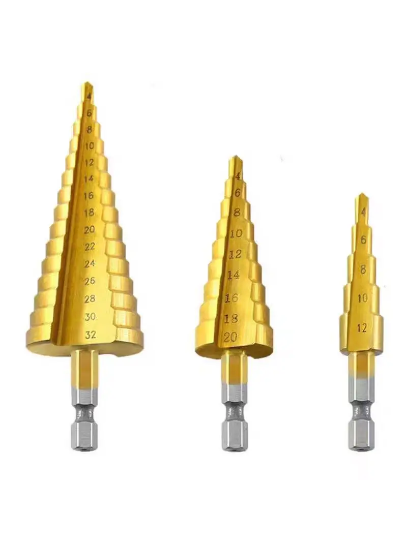 Prodrill Metric/SAE Hss StepTitanium Coated Drill Bit, Straight Groove Drill Metal Wood Hole Cutter Cone Drilling Tool