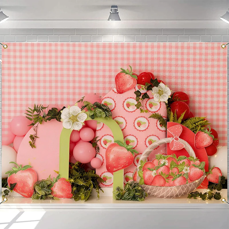 

LS Strawberry Themed Kids Photography Backdrop Pink Gingham Balloons Cute Decorations Birthday Cake Smash Baby Sweet Backgrounds