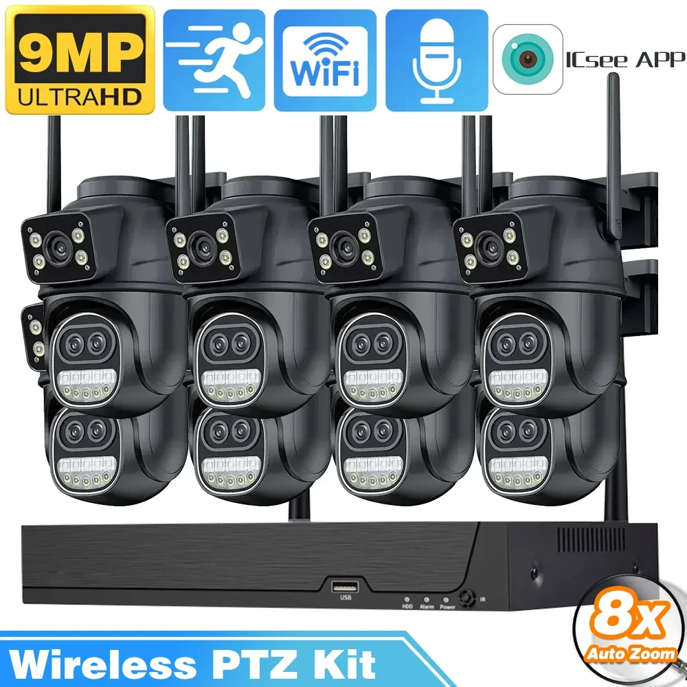 

8-канальный беспроводной NVR 9-мегапиксельная Wi-Fi IP-камера, комплект двустороннего аудио PTZ с тремя объективами, беспроводное видеонаблюдение, цветное ночное видение