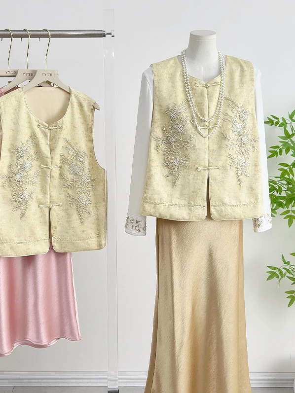 

Новая китайская элегантная женская майка с бисерной вышивкой, атласная юбка-макси для весны и осени, топ-футболка класса люкс