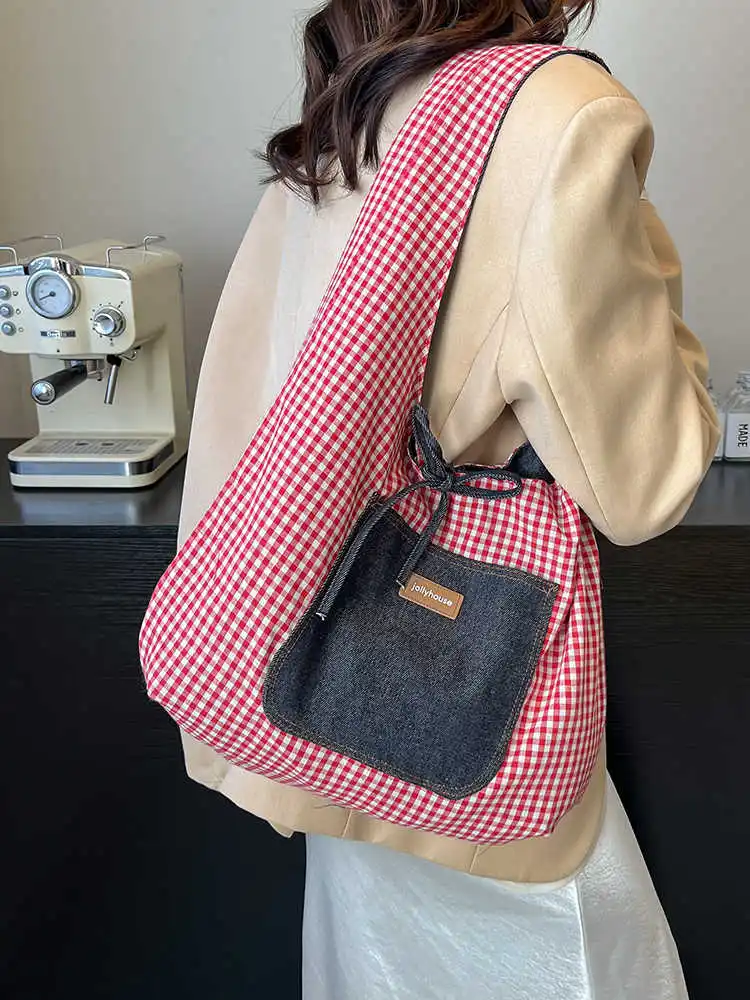 حقيبة يد نسائية من قماش الدنيم 2025 حقيبة كتف مفردة جديدة غير رسمية منقوشة ذات سعة كبيرة حقائب سفر ذات ألوان متباينة شعبية #4