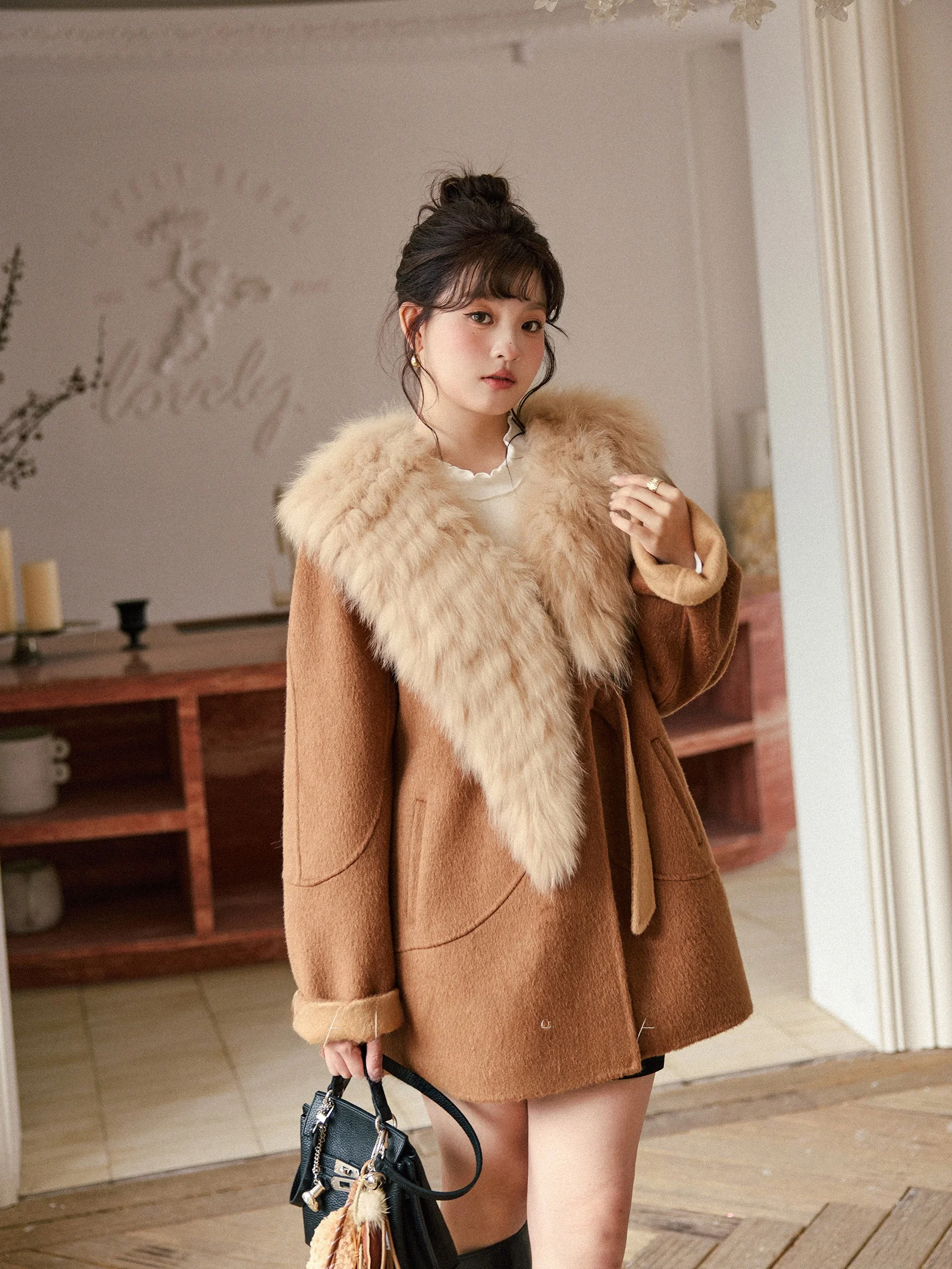 

PengJiaJia Winter Outerwear Large Size Women's Clothing Walnut Craer 00 Woolen Coat Real Fur ort Coat for plus Size