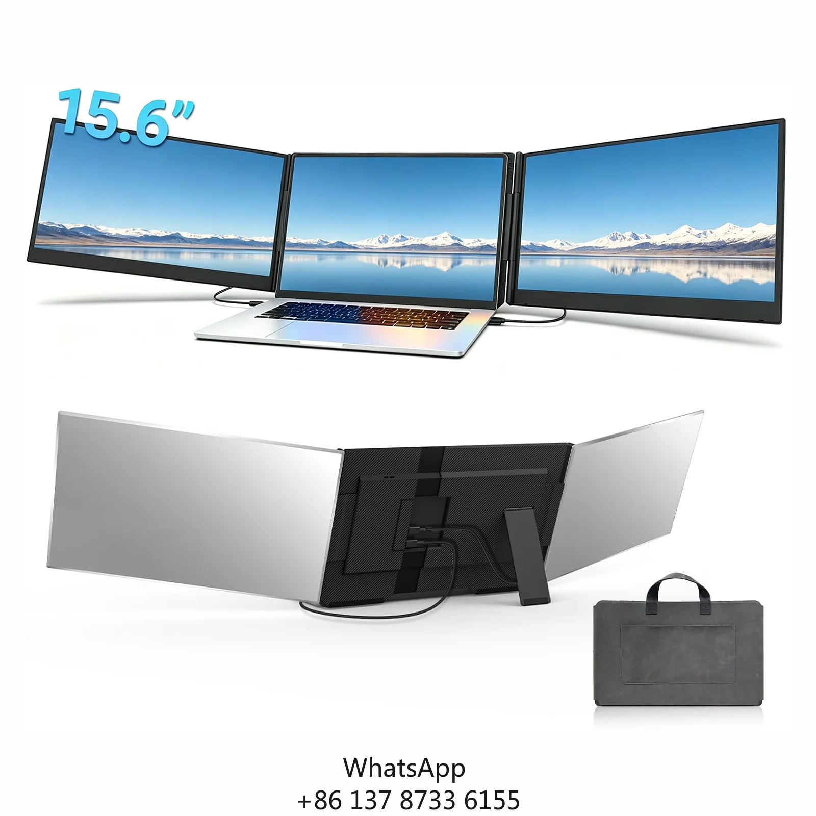 P7 15.6 Inch Triple Portable Monitor For Laptop Dual FHD 1080P Screen Extender Easy Carry Folding Design For Business Traveler