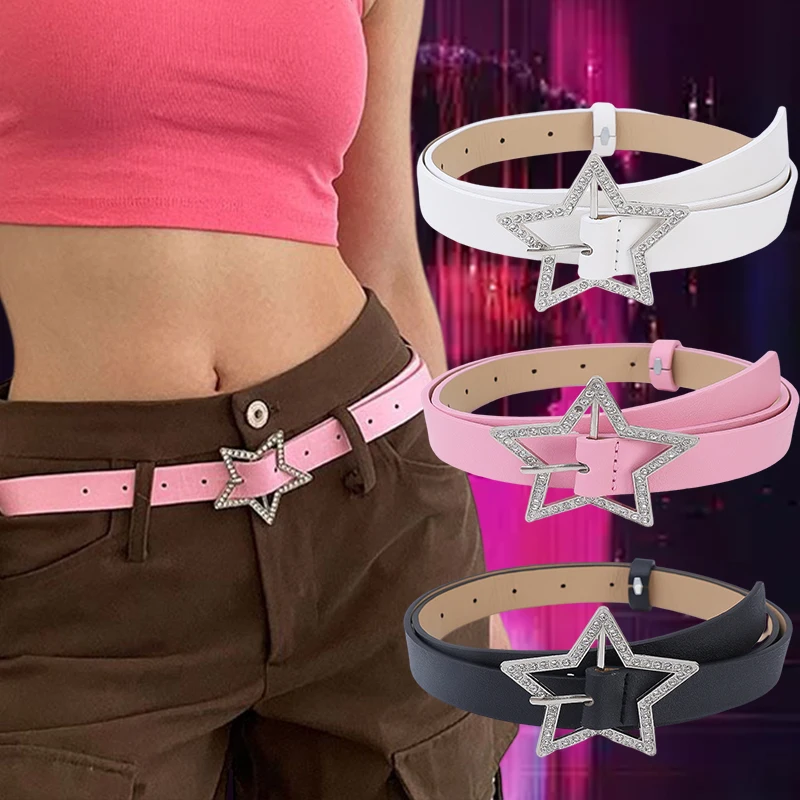 

Spicy Girl PU Leather Sexy Belt Metal Fashion Buckle Five-point Star Full Drill Waistband Trendy Women Y2K Versatile Decoration