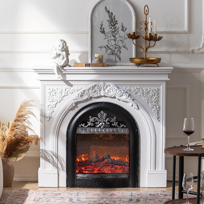Medieval fireplace cabinet heating carved French simulation fire decoration fireplace retro black villa B & B electronic firepla