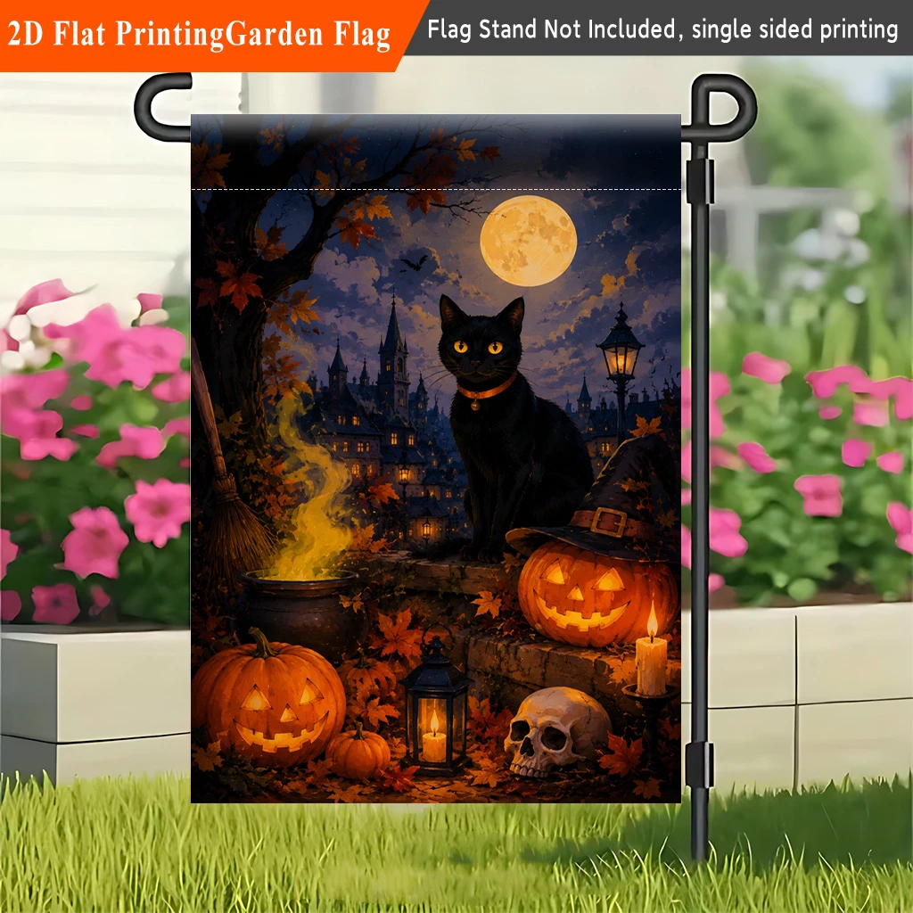 1pcs Vintage Halloween Garden Flag Black Cat Pumpkin Spooky Castle Night Scene Fall Outdoor Yard Flag Single Sided
