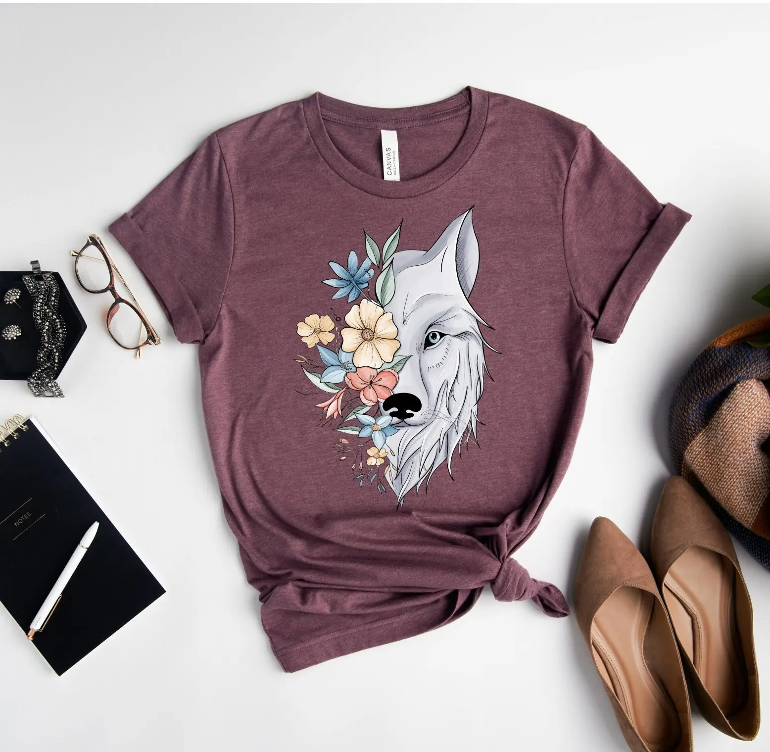 Floral White Wolf T Shirt Cute Face Women Lover Animal Nature Husky