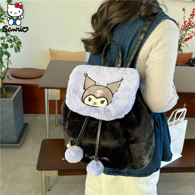 Mochila peluda de Anime Sanrio Kuromi, bolso escolar de felpa de Hello Kitty, bolso de estudiante My Melody, bolso de mano para niñas, juguetes para