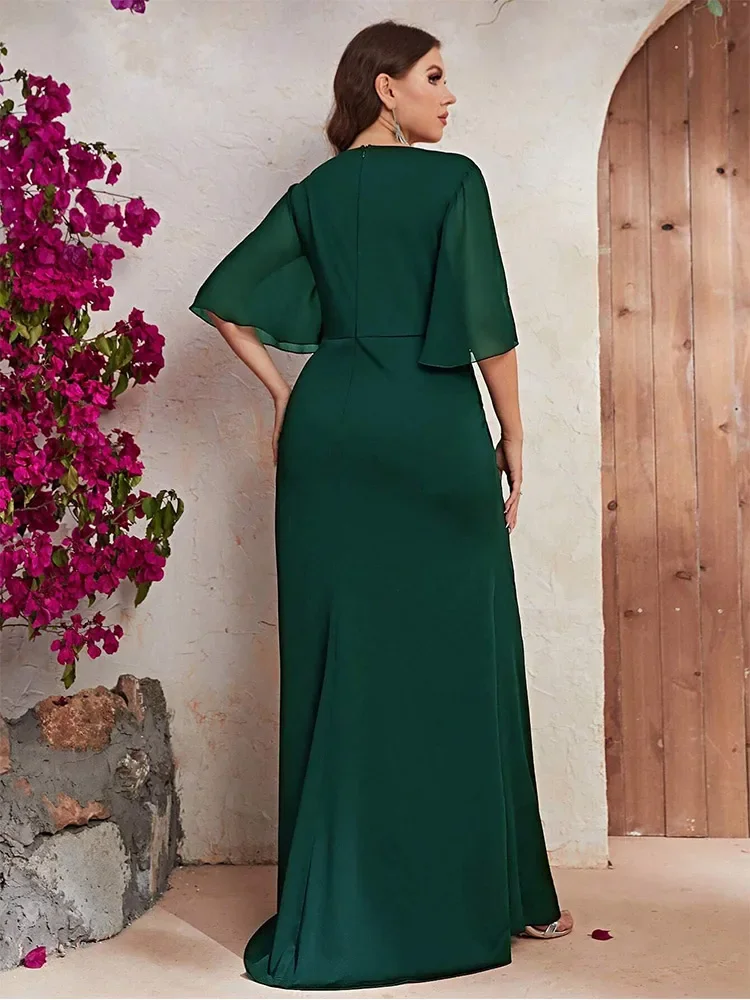 Plus Size V-Neck Dark Green Floor-Length Evening Dress 4xl 5xl Big Size Short-Sleeved Chiffon Floor-Length Bridesmaid Dress