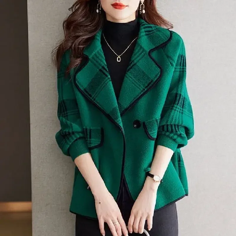 Colorblock Plaid Crop Clothes Coats for Women Loose Wool & Blend Blazer Woman Check Short Tweed Outerwears Green Jacket Spring