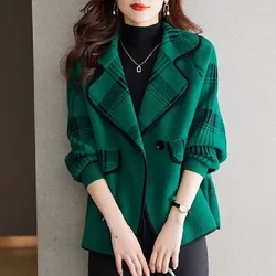 Colorblock Plaid Crop Clothes Coats for Women Loose Wool & Blend Blazer Woman Check Short Tweed Outerwear Green Jacket Spring