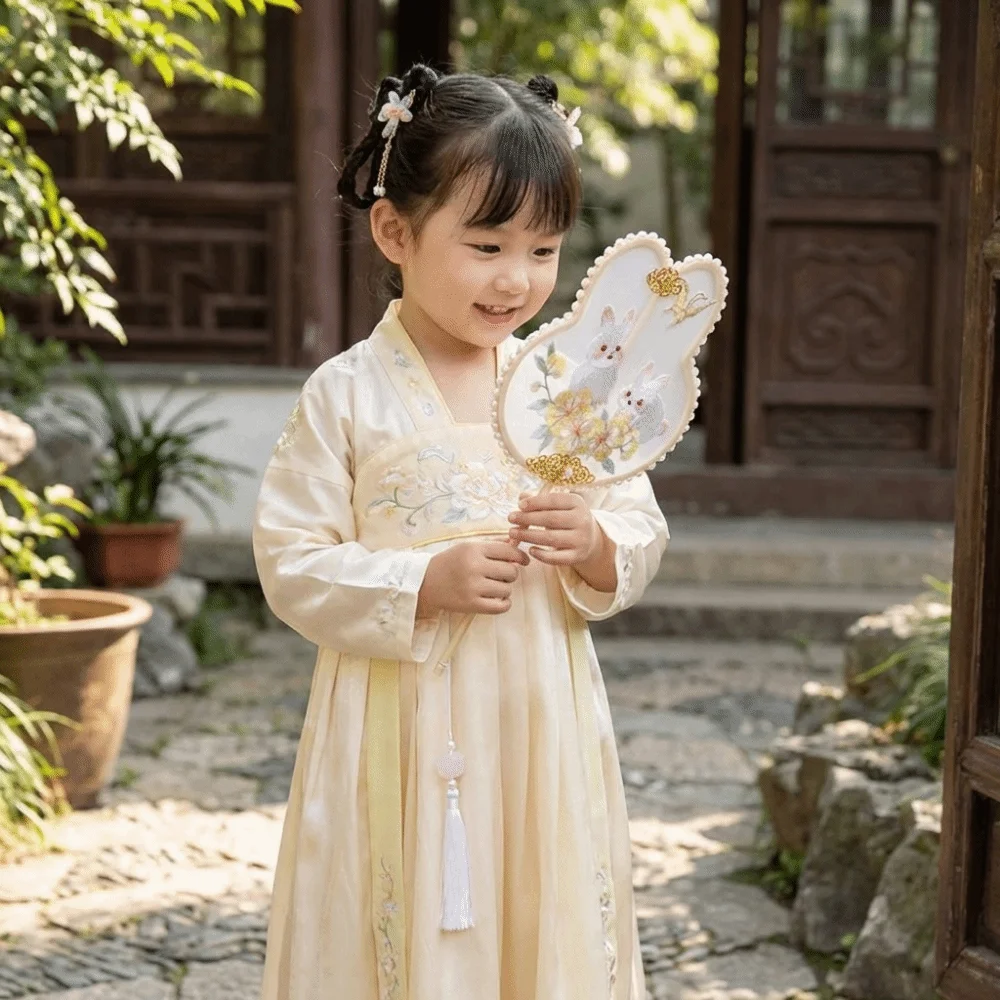 Handheld Chinese Style Embroidery Fan Long Handle Rabbit Shaped Dance Fan with Tassel Pearl Embellished Group Fan