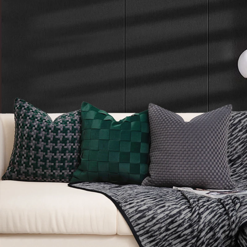 Italian Premium Handmade Woven Cushion Cover Suede Geometric Plaid Woven Pillow Cases Luxury Houndstooth Crocheted Pillow Covers