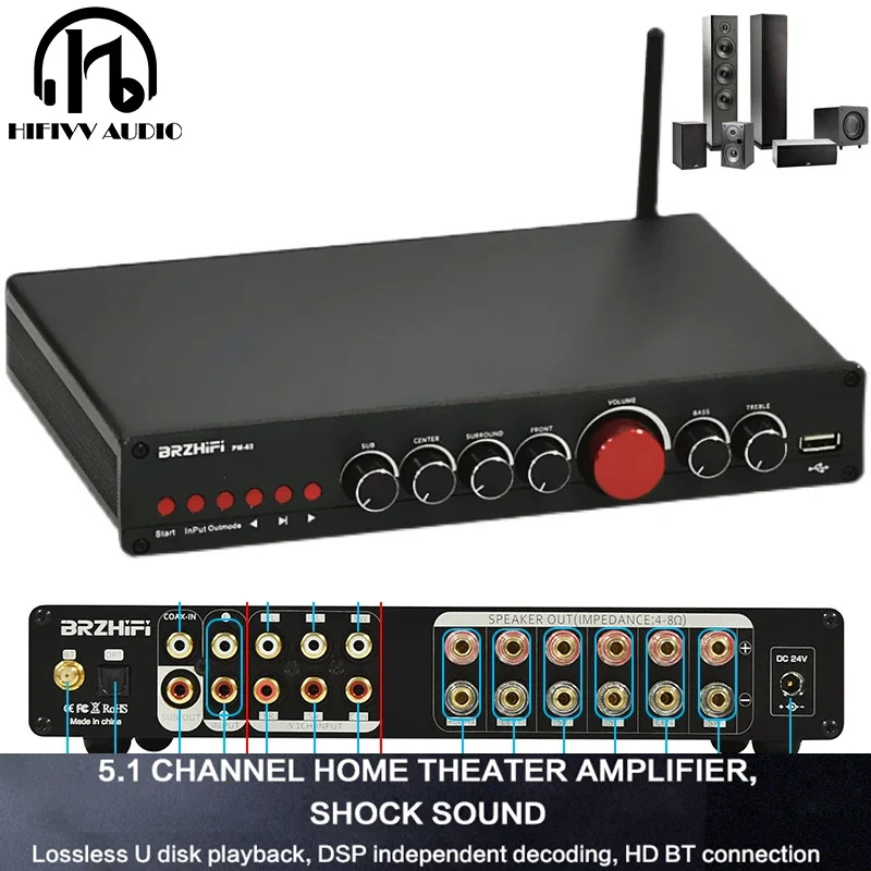 

HI FI Home Theater Bluetooth 5.0 Audio Amplifier 5.1 Surround Sound Tpa3116d2 DSP Separation frequency 100W+50W*5