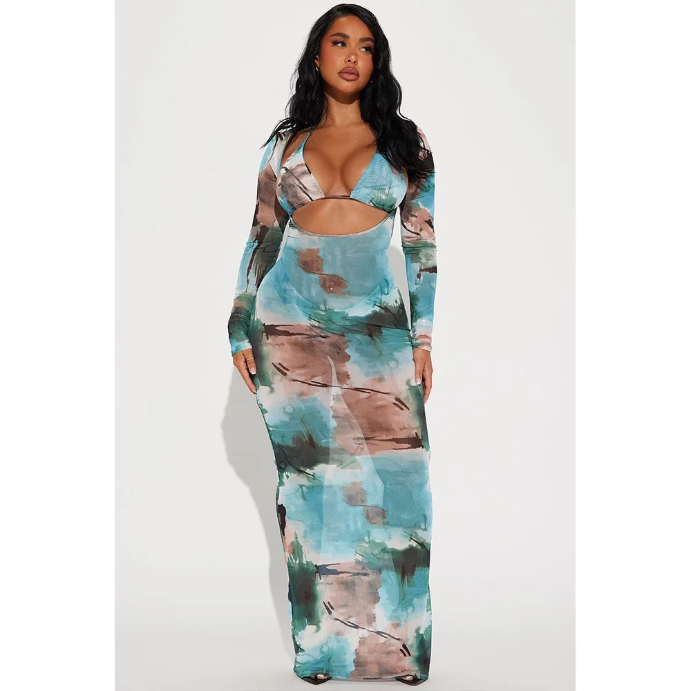 

Ladies' Summer Sexy and Fashionable Printed Neck Tie Long Sleeved Split Bikini Swimsuit Three Piece Set