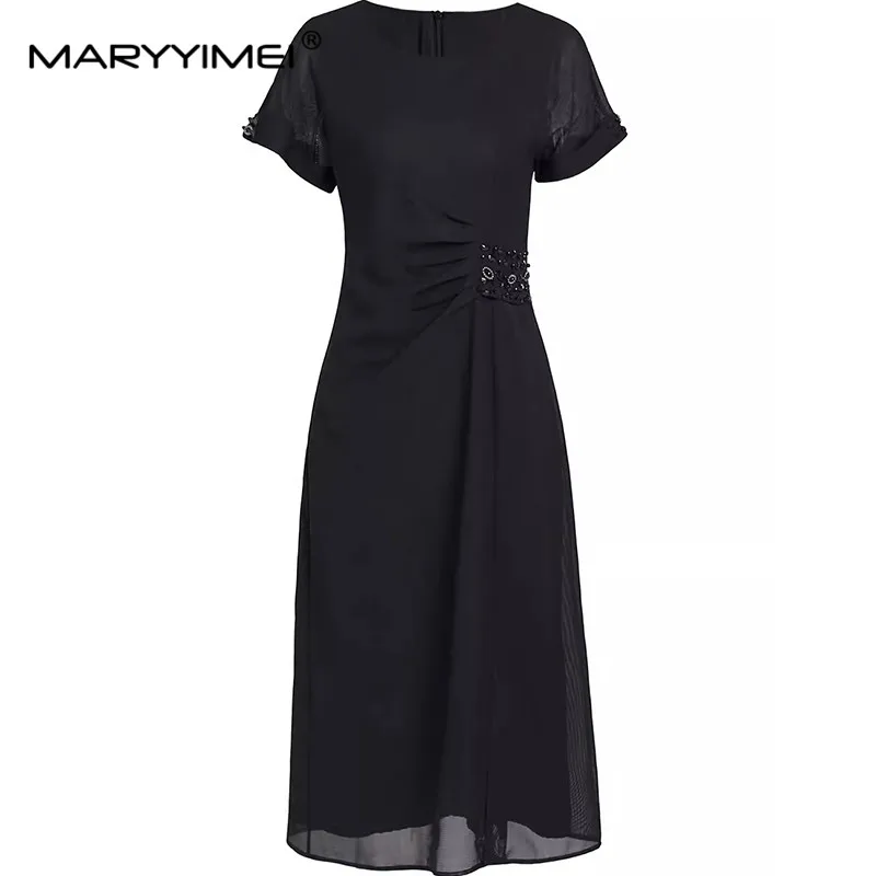 

MARYYIMEI Crystal Beading Summer women's Dress Short Sleeve High Waist Elegant Solid Color Commuter M-3XL Dresses