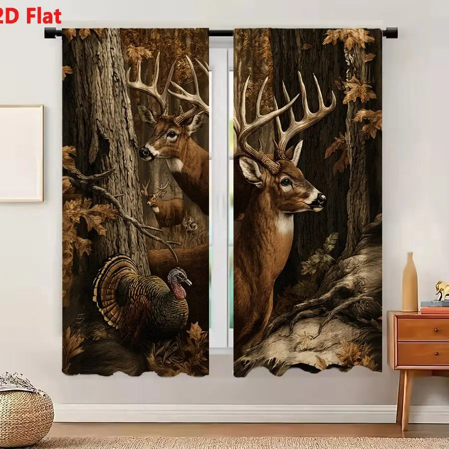 2Pcs Curtains 2D Flat Autumn Forest Scene With Majestic White-Tailed Bucks And Displaying Wild Turkey Window Drapes for Bedroom