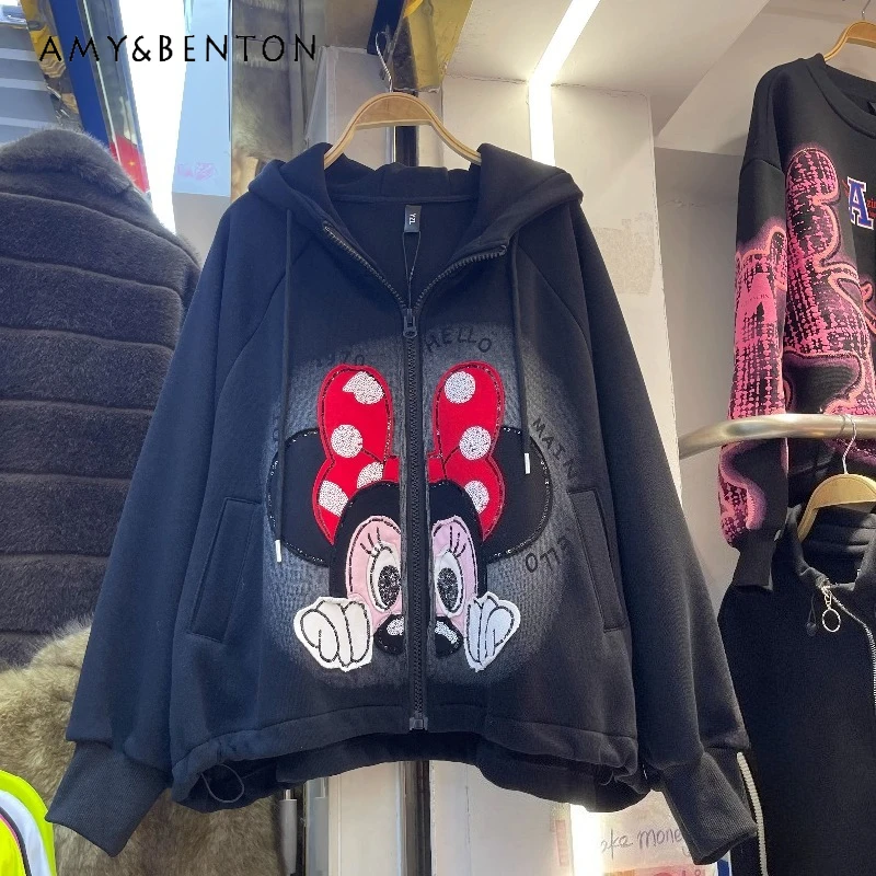

2025 New Heavy Industry Cartoon Patch Embroidery Fleece-Lined Hooded Sweatshirt For Women's Loose Fit Age-Reducing Short Hoodies
