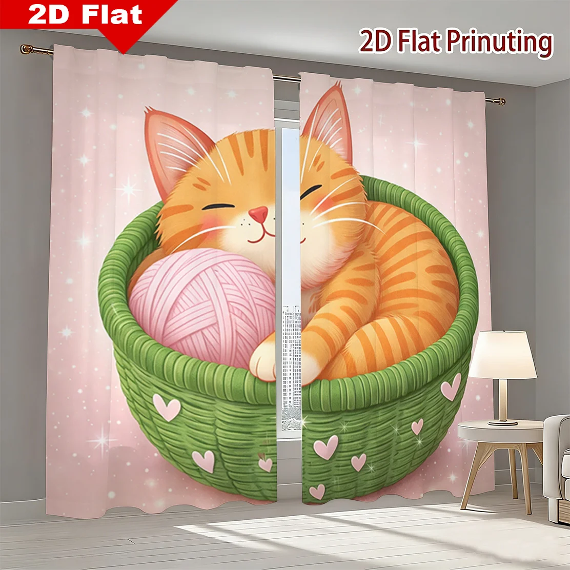 Whimsical Cat in Basket Curtain Window Drapes Kawaii Nursery Room Decor Pastel Art Kitten Yarn Spring Living Room Light Filter