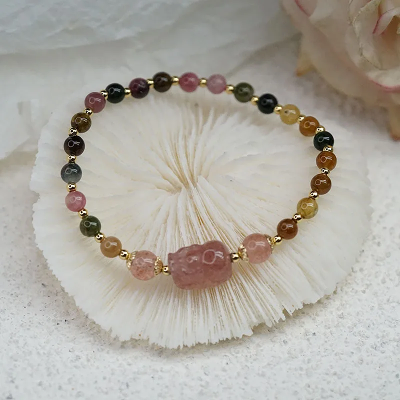 Women's Retro Simple Beaded Bracelet, Moonstone Tourmaline Bracelet Love Affairs Lucky Bracelet, Strawberry Quartz