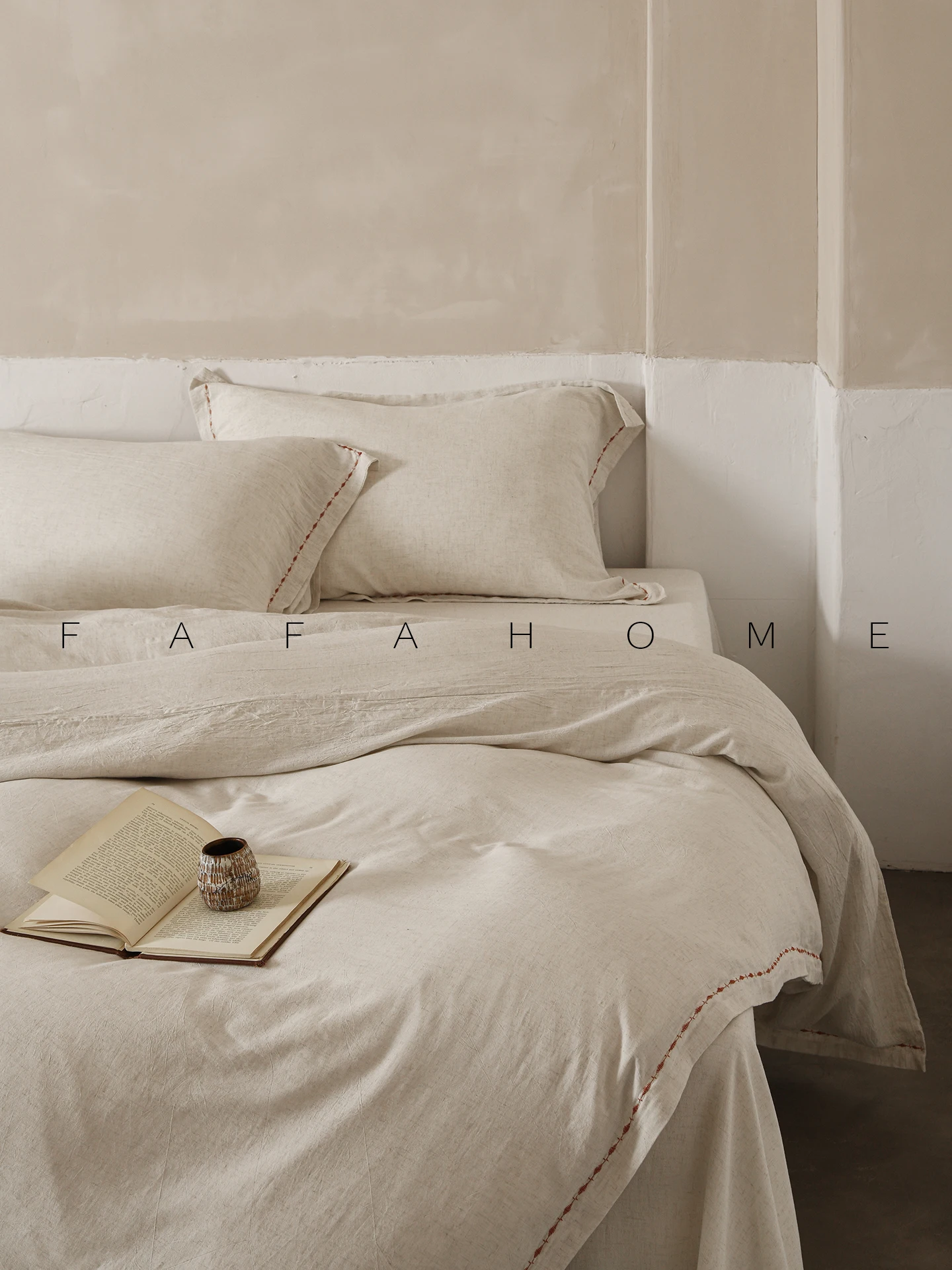 FaFaHome Linen Embroidered A-Class Bedding Four-Piece Set Pure Color Luxury Nordic Minimalist Style Comforter Cover Sheet Pil...