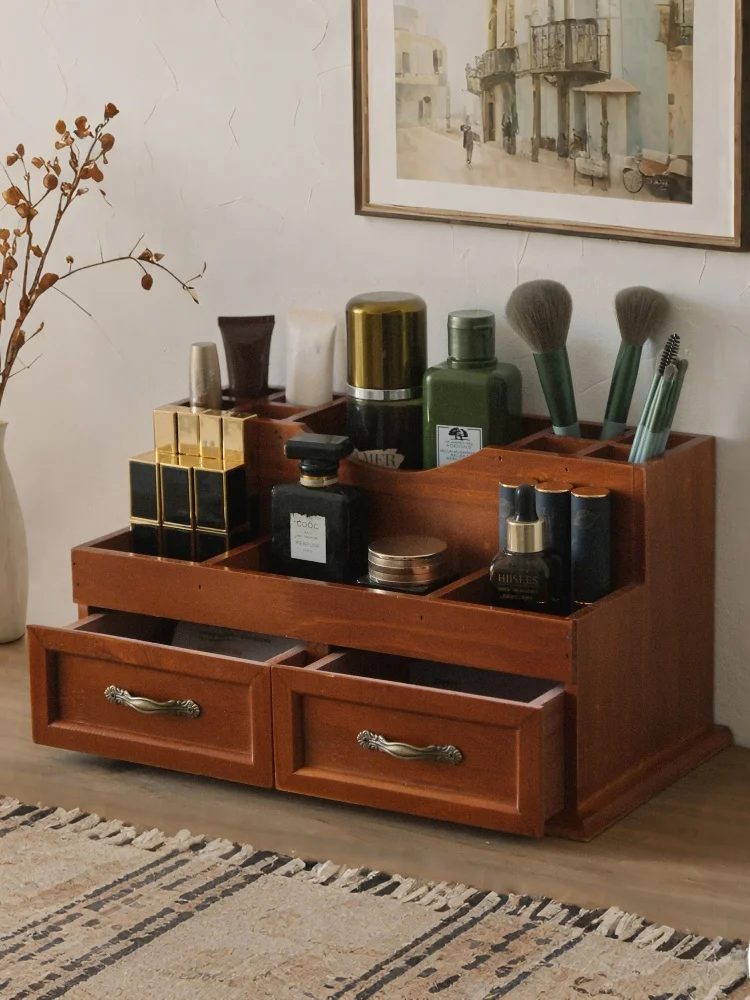 

Retro Wooden Desktop Storage Box Large Capaci Cosmetic Organizer Dustproof Home Use Small Cabinet for Bedroom