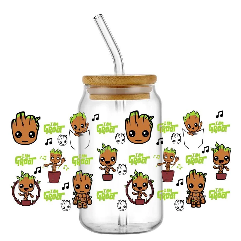 Miniso Cartoon Groot 16OZ UV DTF Cup Wraps Transfer Sticker For Glass Libbey Can Bottle Selfadhesive Washable DIY Custom