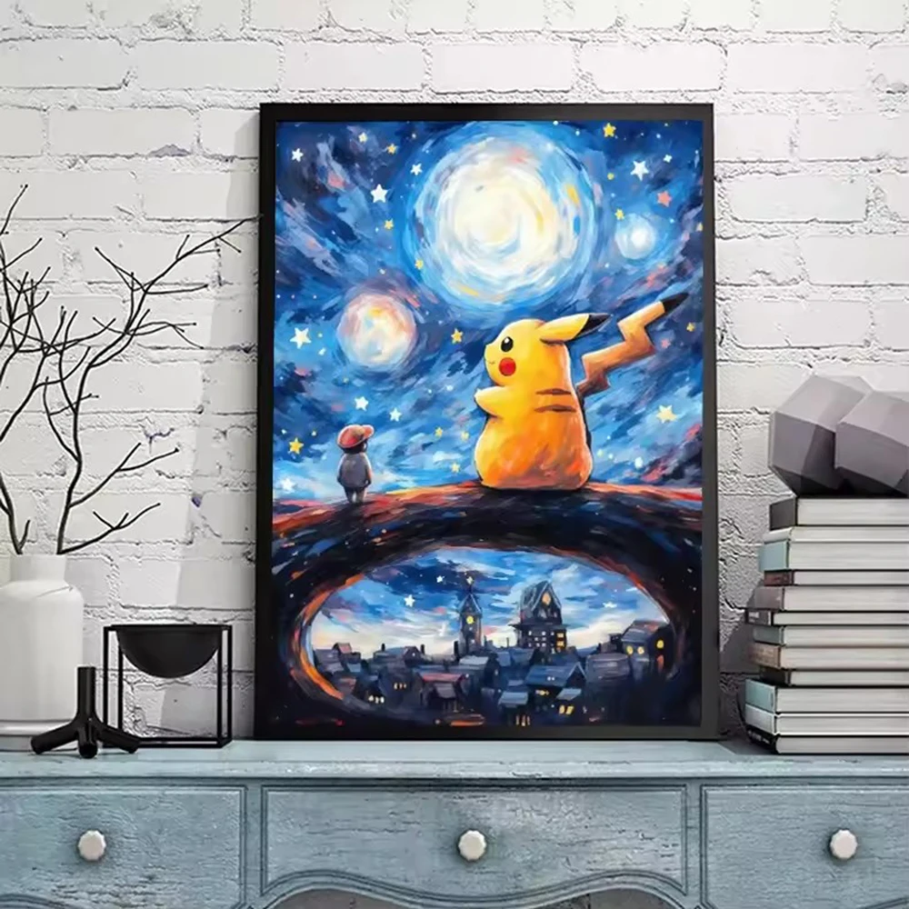 Van Gogh Starry Sky Anime Figures Pokemon Pikachu Watercolor Painting Canvas Posters and Prints Wall Art Picture for Living Room