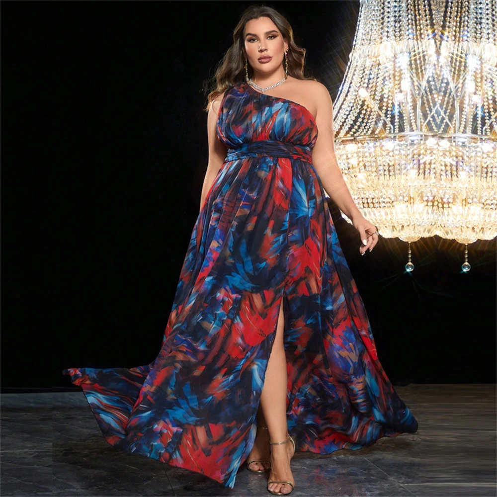 

Plus Size Elegant Sexy Women Print Long Maxi Evening Dress Kaftan Dubai Wedding Formal Sleeveless Party Gown Chiffon Vestidos