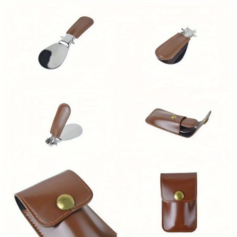 

1 stainless steel shoehorn with leather bag, mini portable folding shoehorn, shoehorn for men and women.