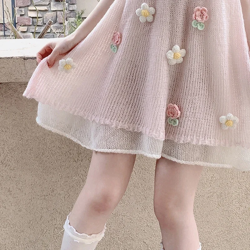 Doce vestido de malha feminino verão gancho flores decoração rendas oco para fora multi-peça vestidos kawaii roupas