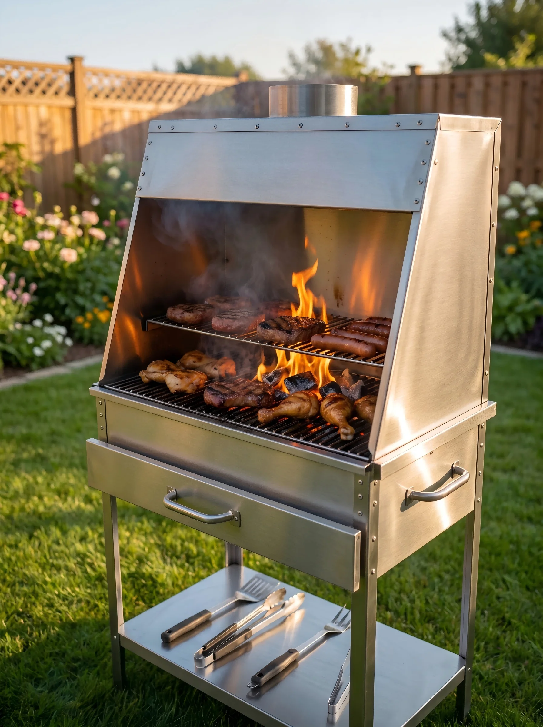 Stainless Steel BBQ Grill, Extra-large Korean Style Charcoal Parrilla Gaucho, Adjustable Height, Modern Premium Design