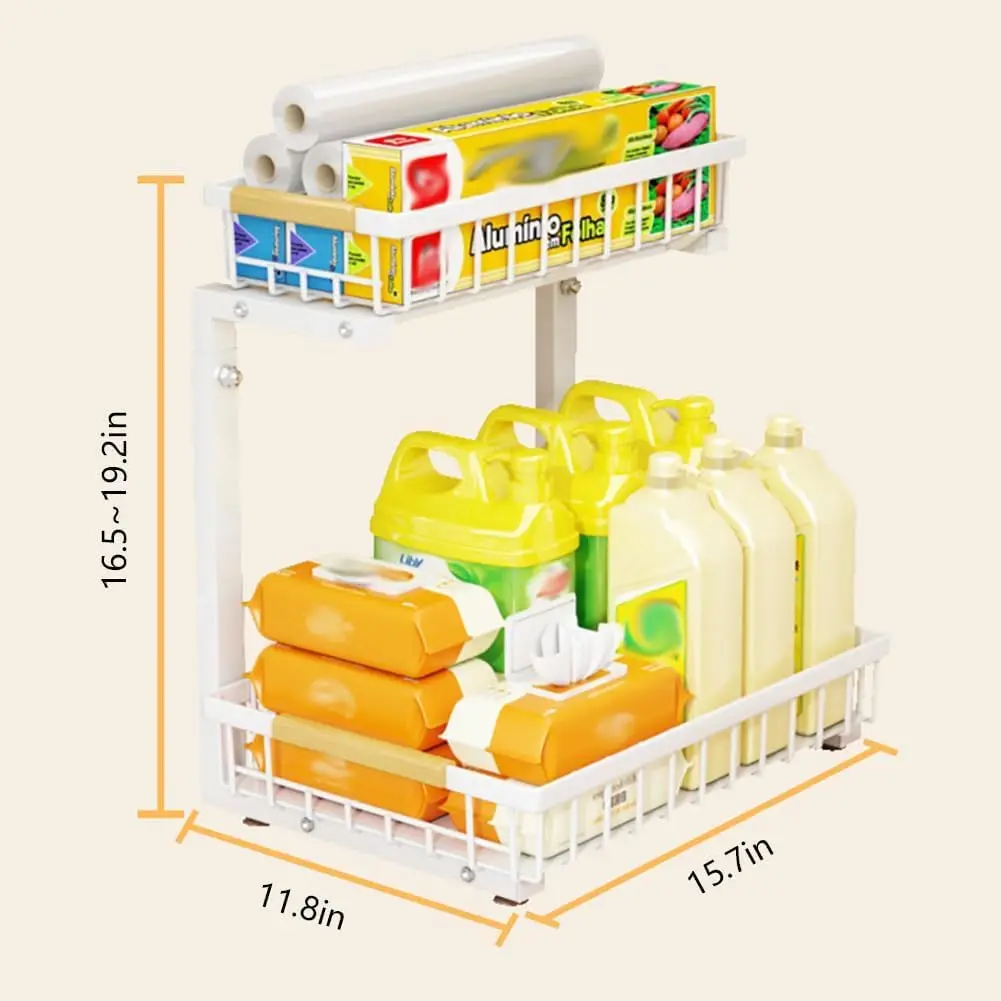 Garvee 2 Tier White/Black Under Sink Organizer Pull Out Sliding Drawer Fixed Metal Storage Rack for Kitchen Bathroom, Cleaning & Spice Organizer