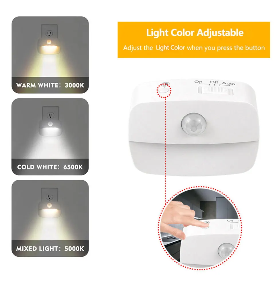 Motion Sensor LED Night Light Plug in Socket 3 Color Temperature Room Kitchen WC Hallway Human Infrared Induction Emergency Lamp